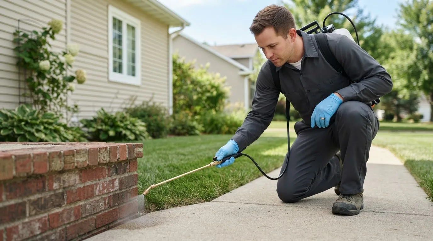 Pest control technician treating a home near North Bay, NY